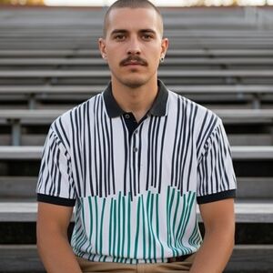 Vintage Reebok Black and Green Patterned Polo Shirt